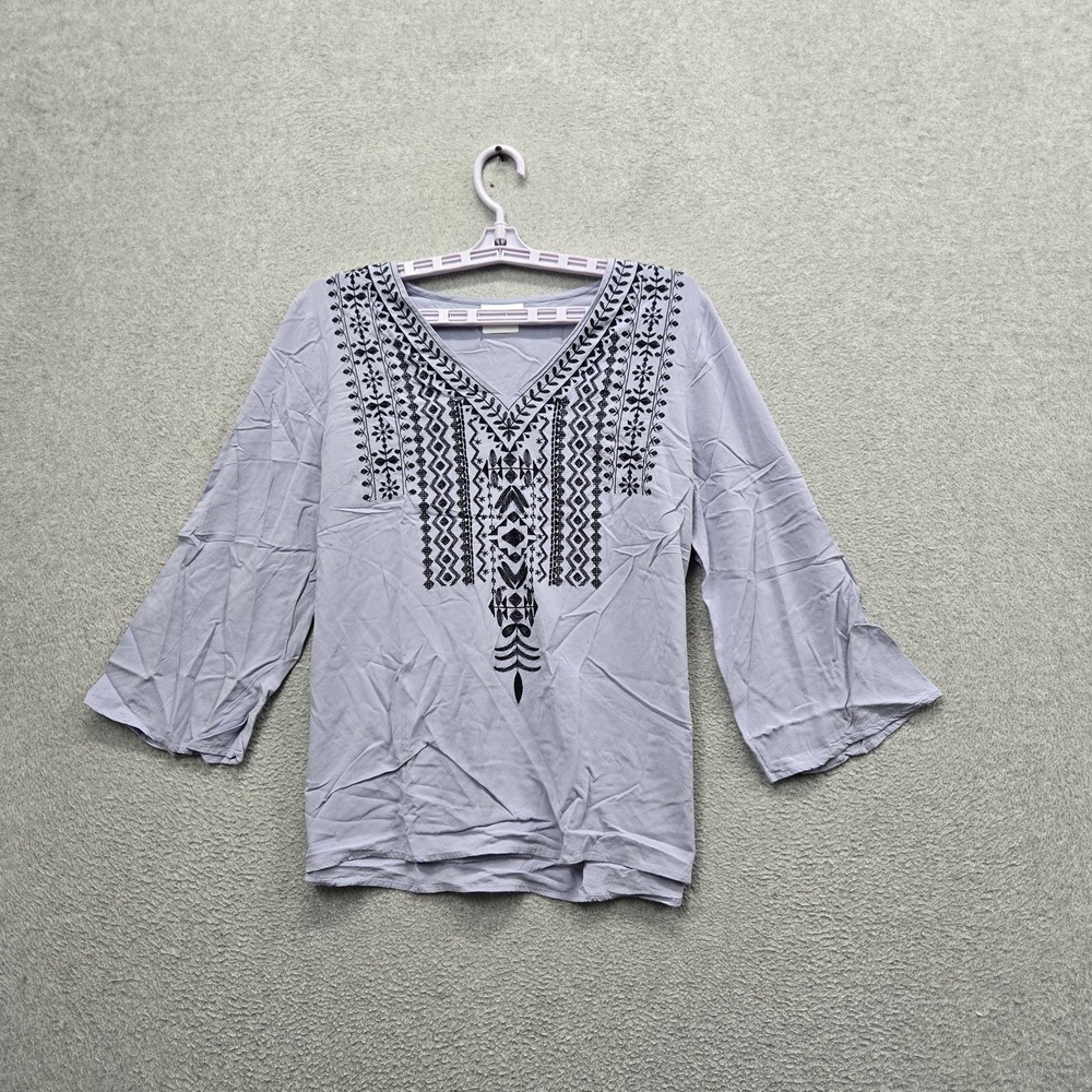 J. Jill Women Blouse S Light Gray Geometric Embroidered V-Neck Boho Fairy